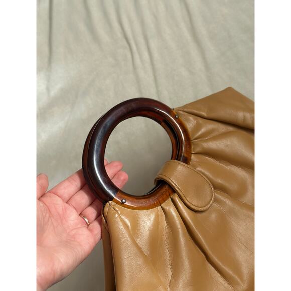 Vintage Tan Smooth Leather Stocko Clutch Purse Handbag Bakelite Lucite Handles - Picture 3 of 13